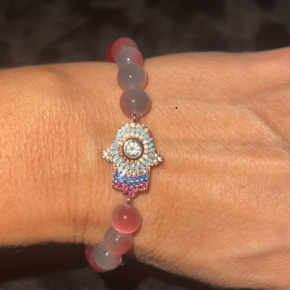 Sold Elegant Pink and Blue Beaded Bracelet with Hamsa Charm
